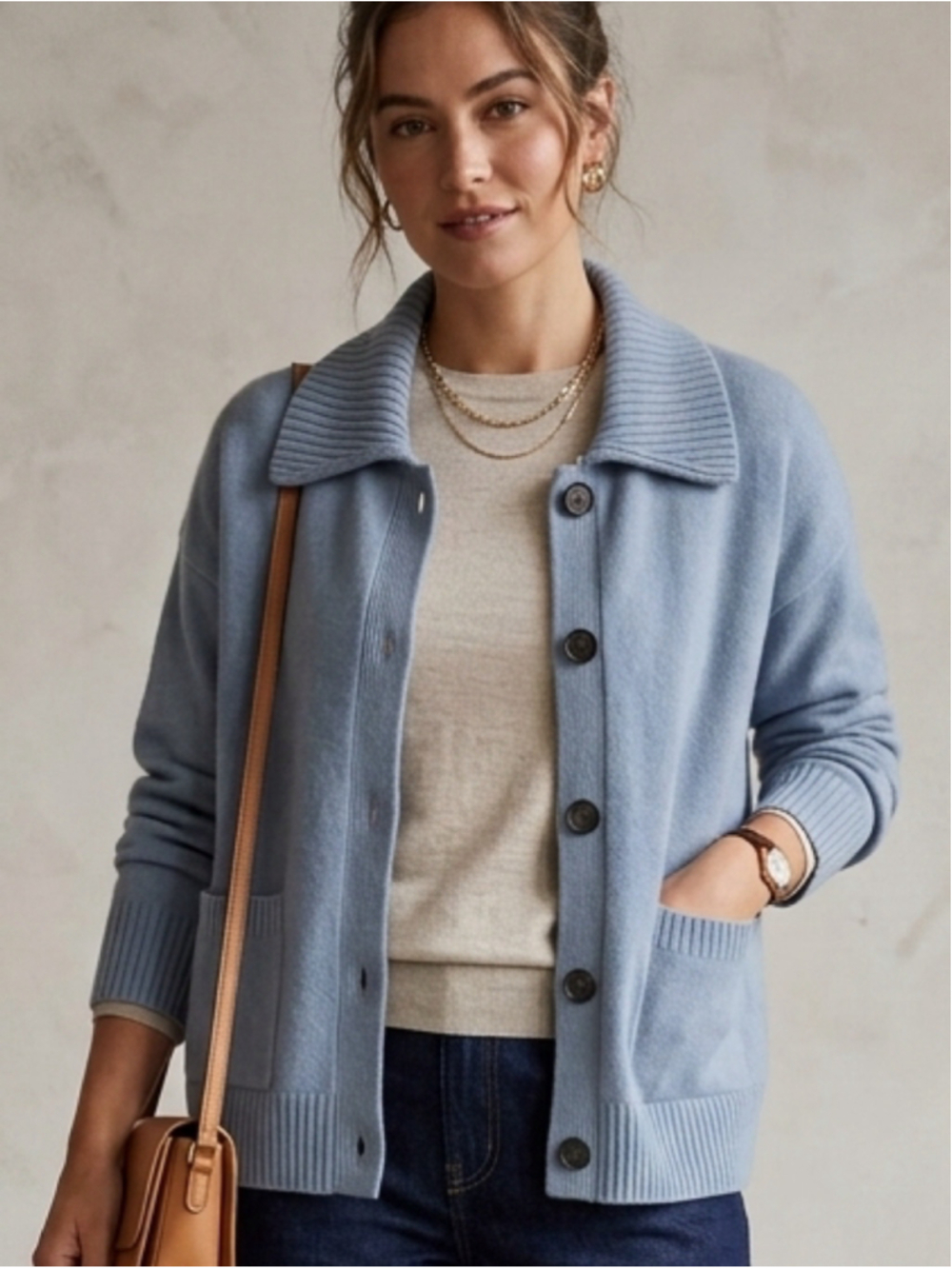 Club Monaco Cashmere Cardigan Sweater NWT Blue Ribbed Collar Boxy Pocket L 2115